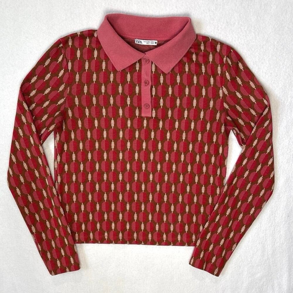 Zara Geometric Polo Shirt Womens Medium Pink Red Retro Long Sleeve Excellent